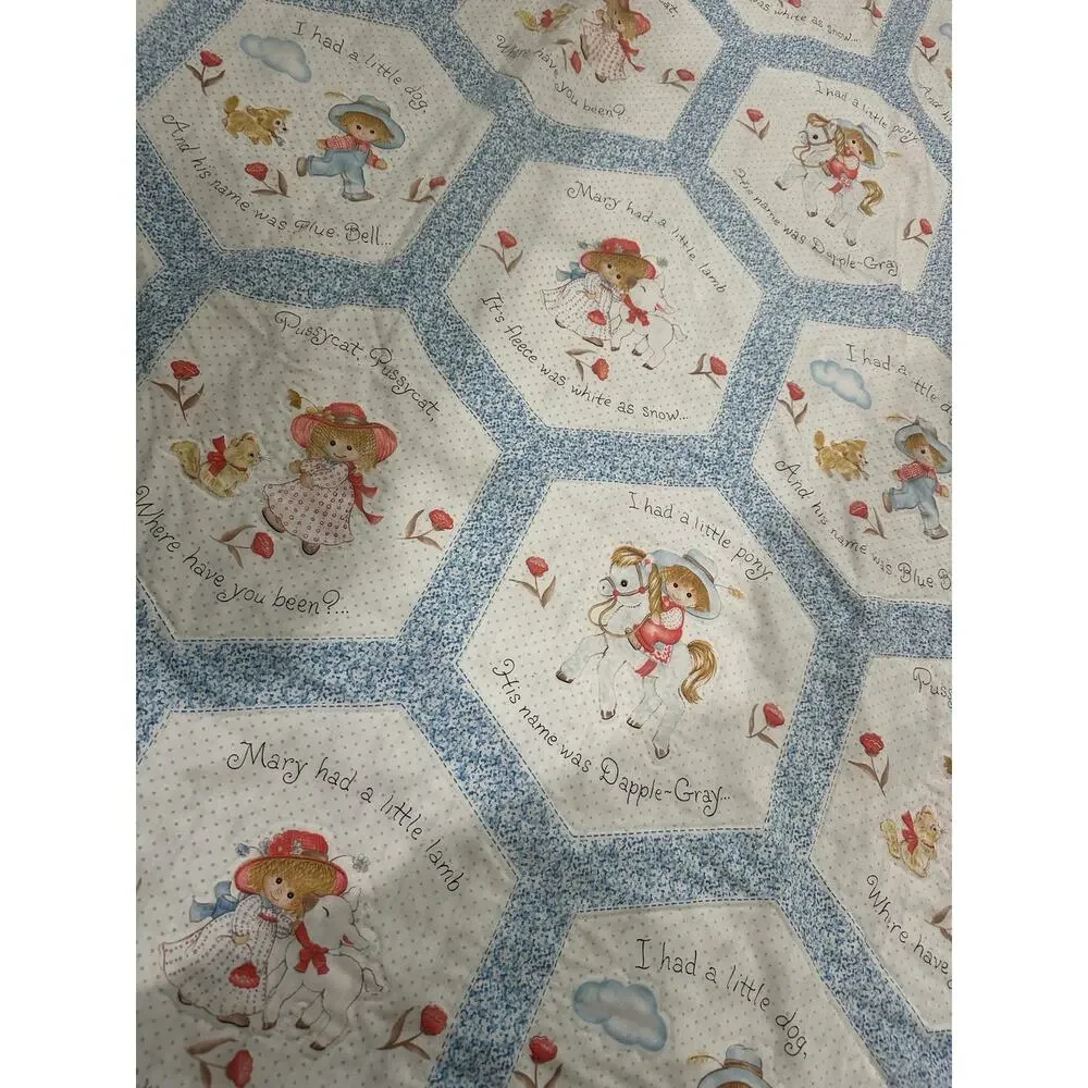 Vintage 1980s Baby Quilt Featuring Hexagon Panels Nursery Rhyme Motif Blue Twin